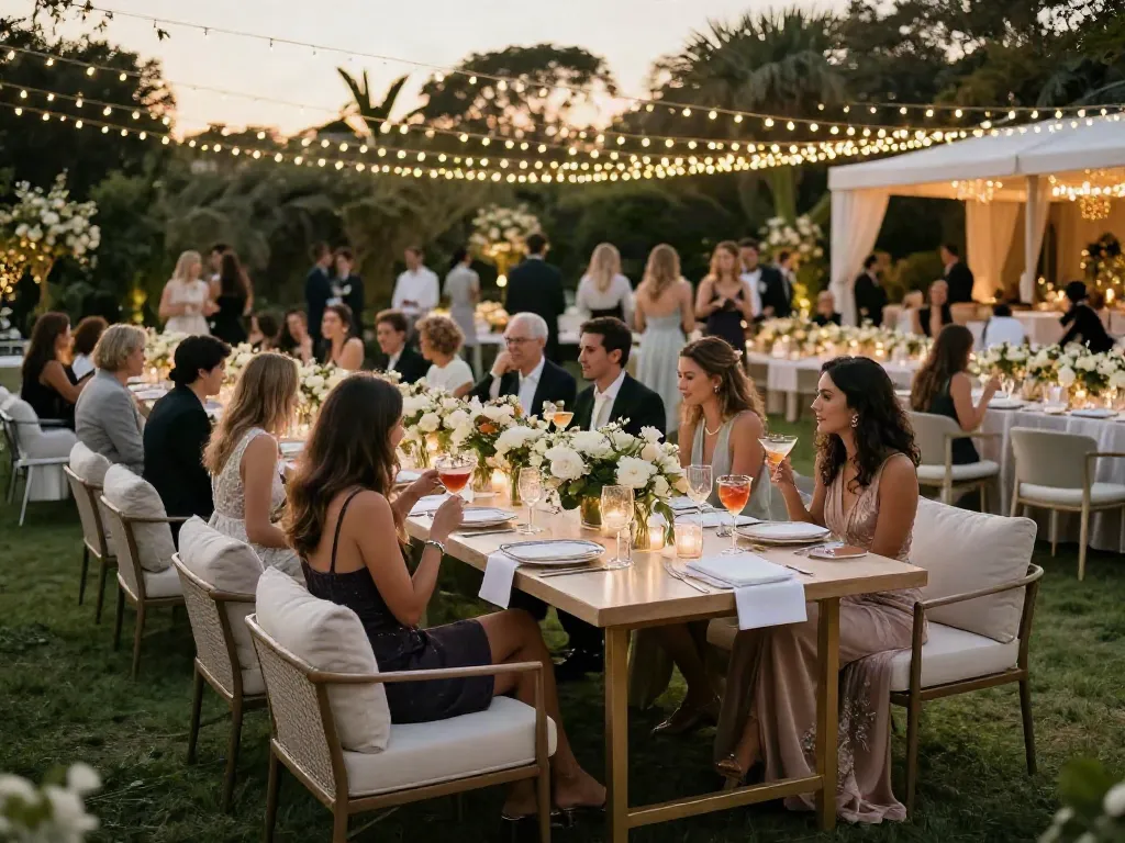 Stunning outdoor wedding reception with elegant event furniture rental, luxurious table settings and guests enjoying the ambiance.