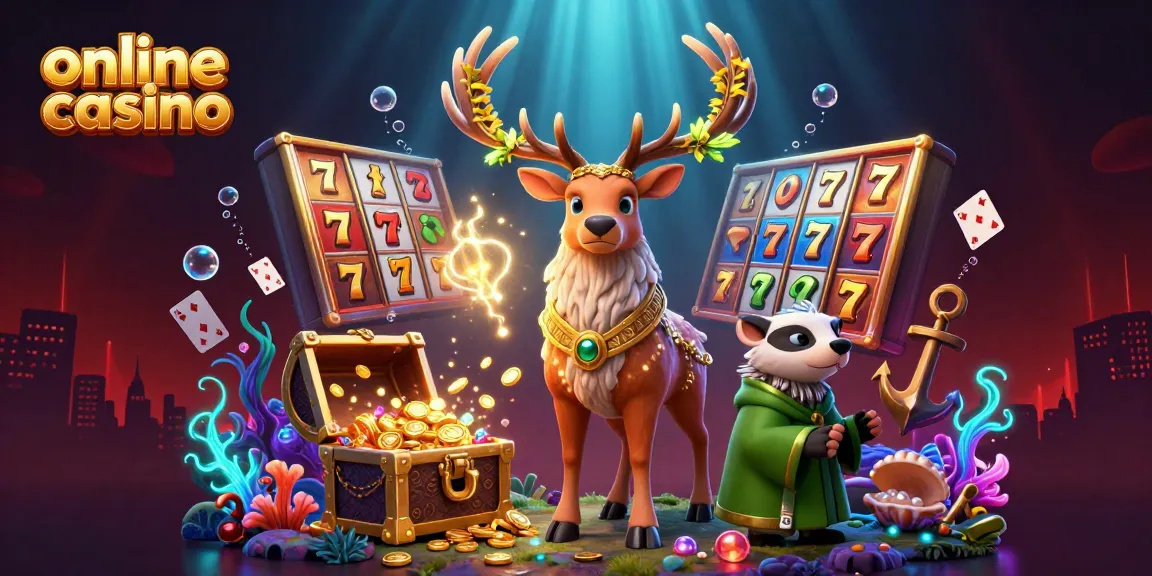 Engage in the online casino world with a Celtic druid stag and wise badger amid slot reels and glowing treasure.