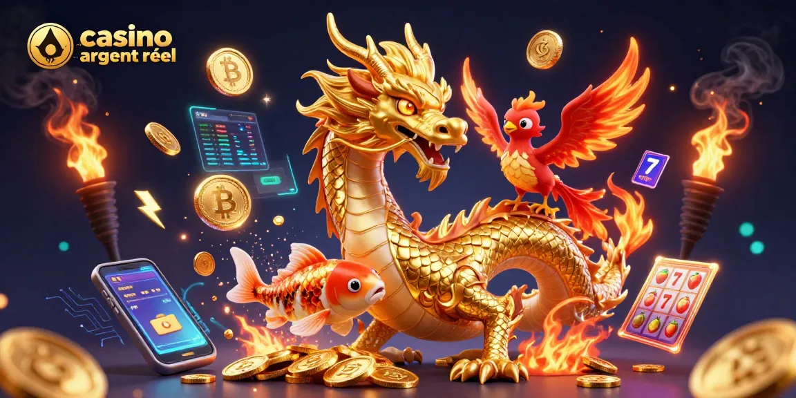 Vivez l'adrénaline du casino en ligne argent réel avec le dragon doré et le phénix dans une illustration captivante.