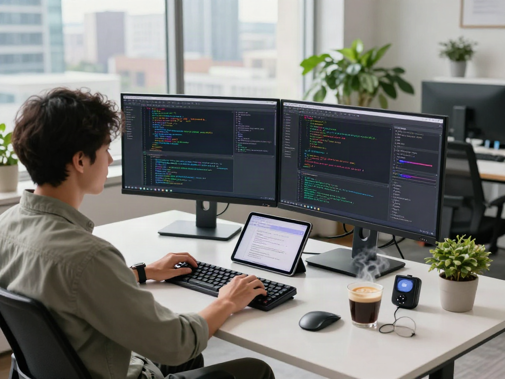 Software developer coding at dual monitors in a modern workspace, highlighting bro138 technology trends.
