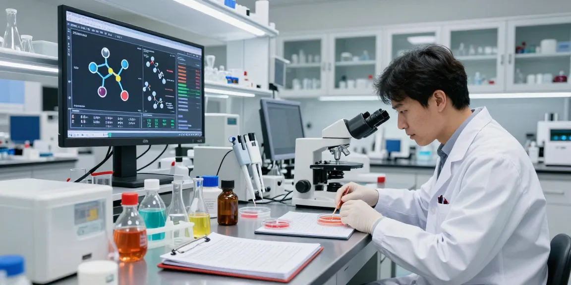 Dynamic copper peptide research scene in a high-tech lab with scientists conducting experiments and analyzing molecular data.