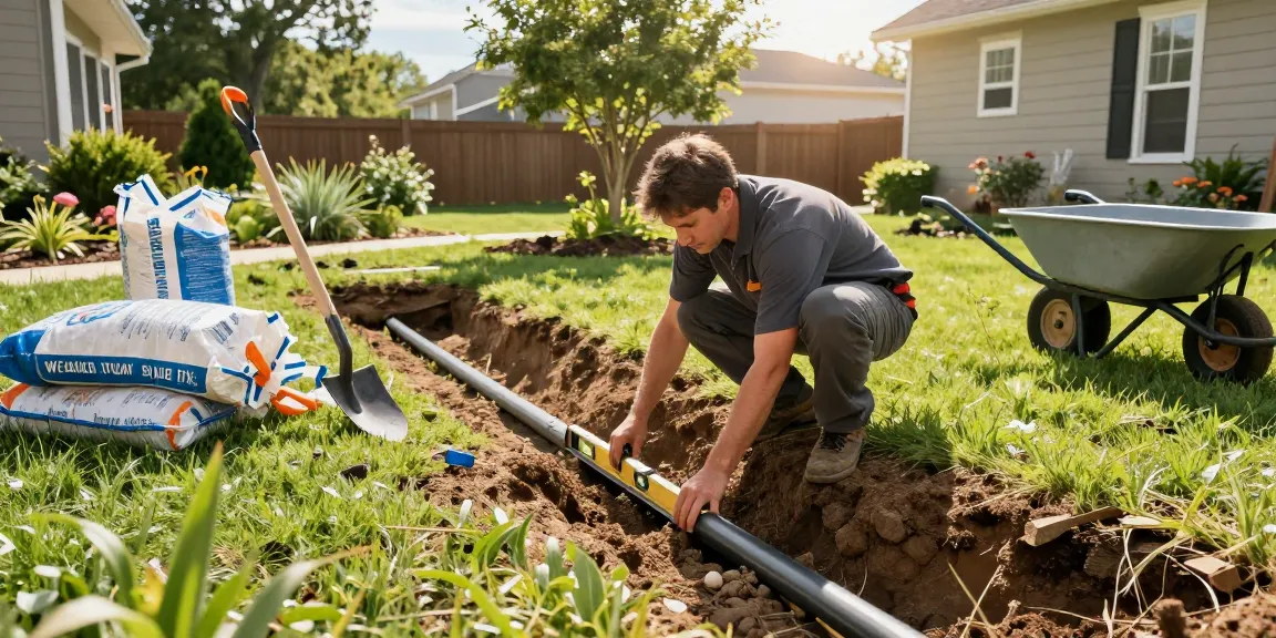 Installation of expert drainage services in Weatherford, TX, with a technician aligning a French drain, showcasing quality workmanship.