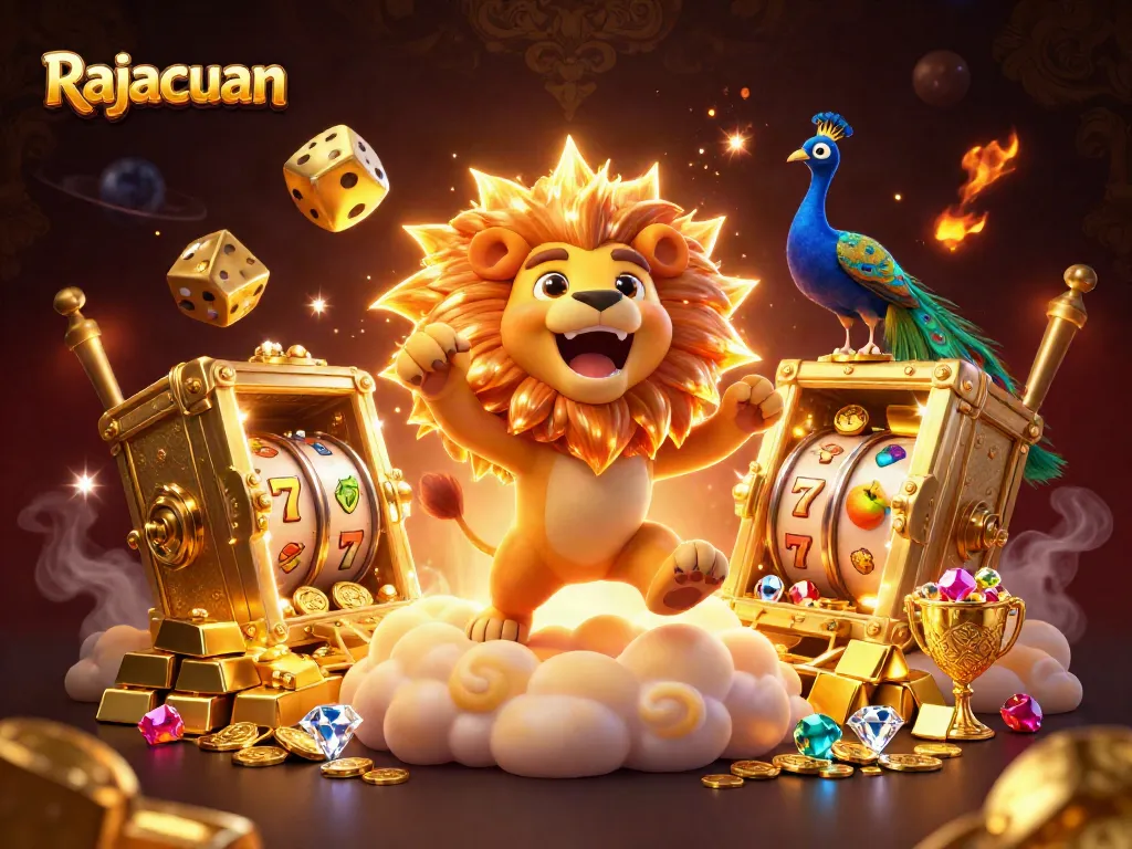Join the Rajacuan slot action with vibrant treasures, roaring lion, and dynamic gameplay elements.