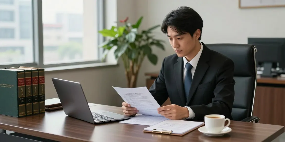 Criminal lawyer in جدة reviewing case files in a modern office setting.