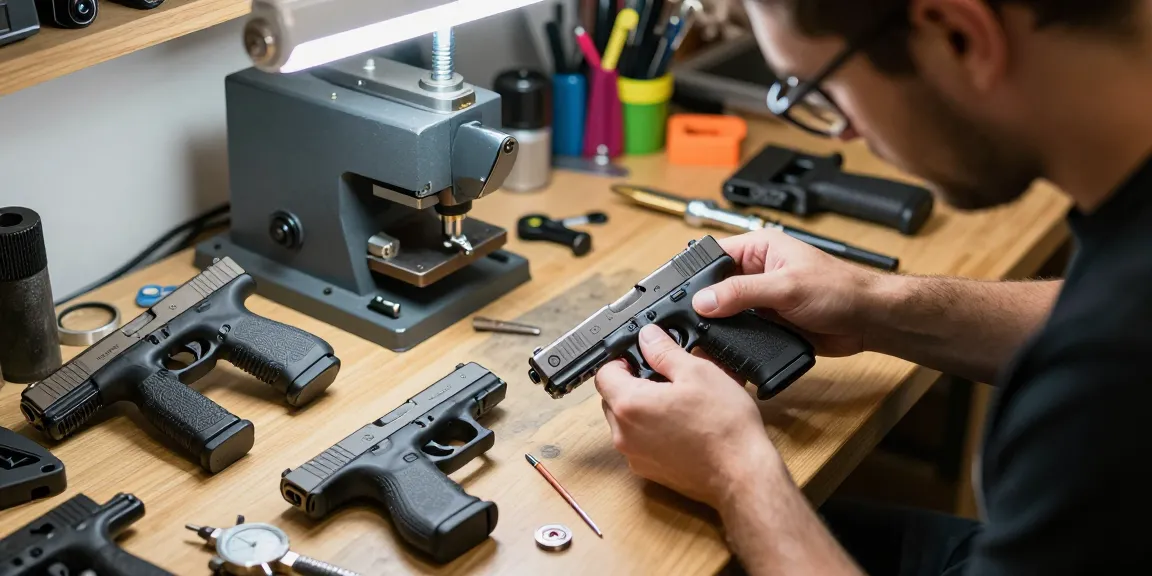 Glock customization workshop highlighting precision work with https://precisionglockslides.com.