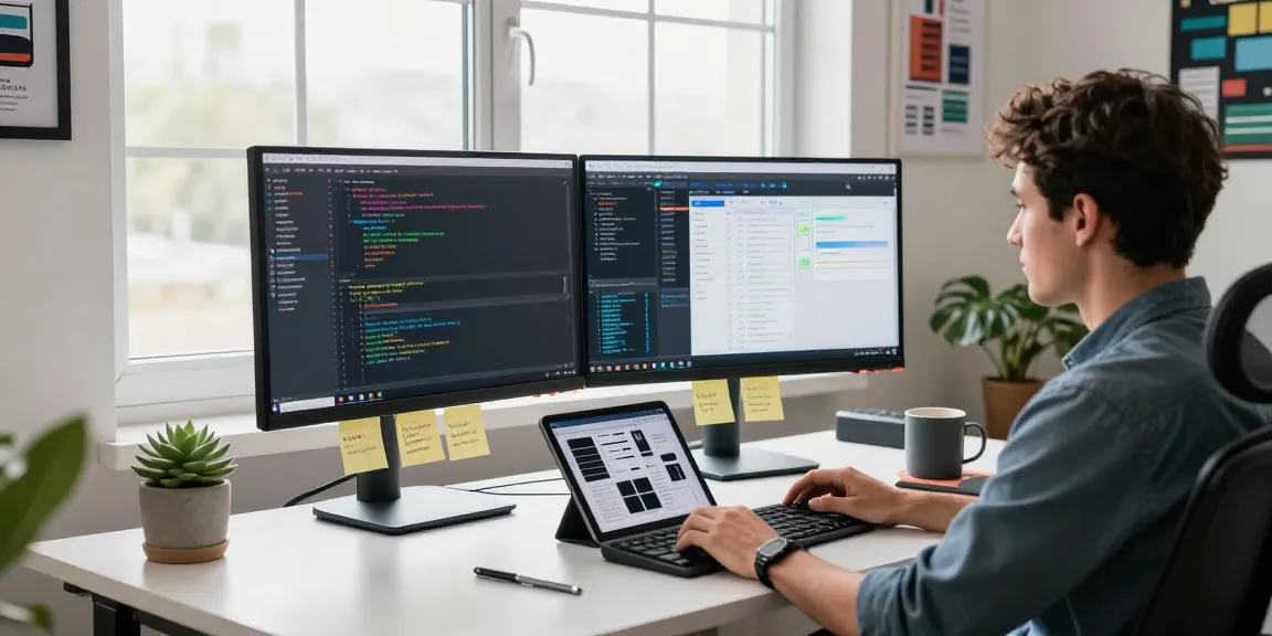 Focused developer using dual monitors for coding and project management at telegramin-cn.com workspace.