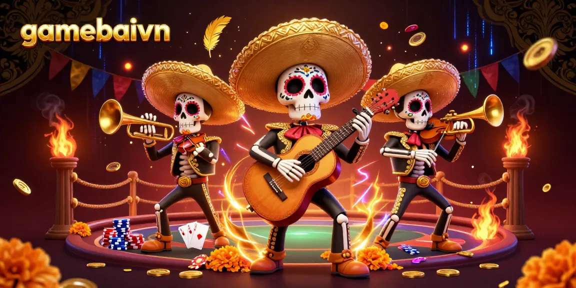 Experience thrilling poker action with gamebaivn's colorful mariachi band illustration featuring vibrant characters in an engaging casino setting.