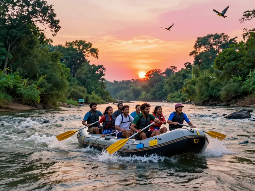 Dandeli river rafting adventure captures excitement against sunset backdrop