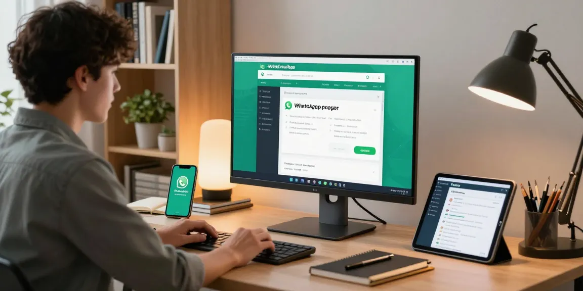 Engaged professional using WhatsApp網頁版 on a modern desktop setup with devices around.