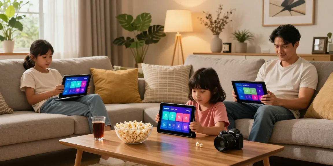 Une famille utilisant l'application iron tv pro dans un salon moderne et chaleureux.