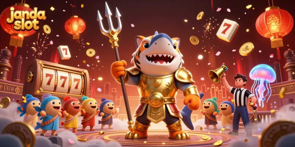 Ilustrasi janda slot menggambarkan hiu kartun ganas di bawah koloseum bawah laut dengan elemen kasino menghiasi sekelilingnya.