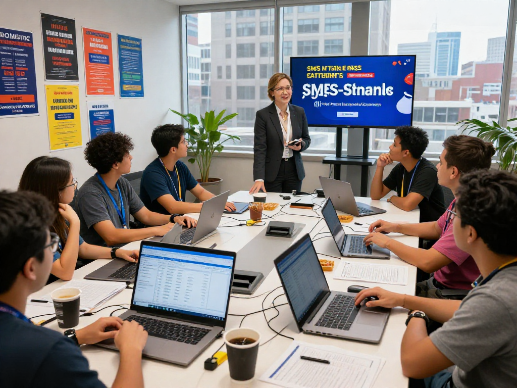 Campaign team strategizing political SMS marketing in vibrant office setting.