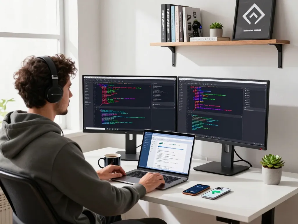 Moltbot developer working in a modern office setting with dual monitors and coding tools.