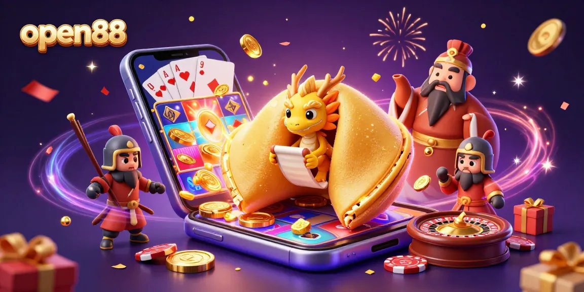 Spin and win at open88 with a vibrant illustration of casino games and lucky charms.