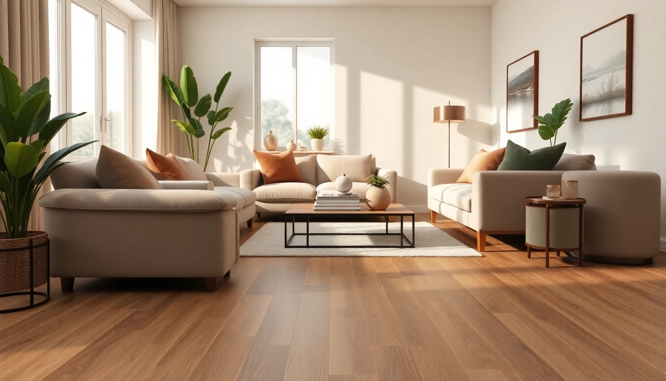 Enhance your space with vinyl plank flooring that features an inviting earth taupe hue in a modern living room.