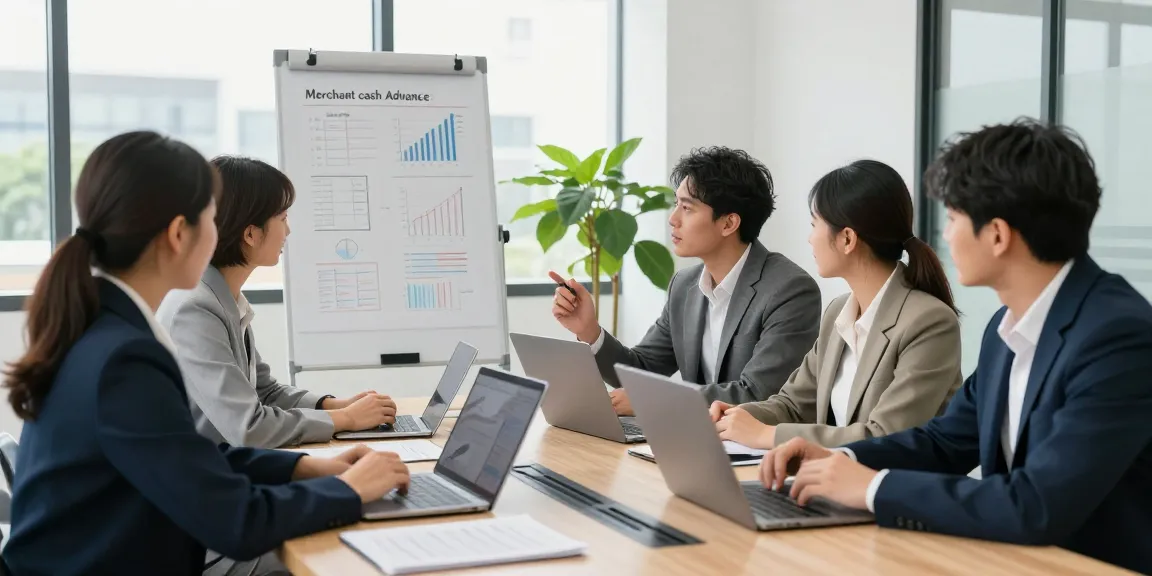 Team discussing strategies to get a merchant cash advance in a modern office.