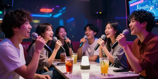 강남도파민에서 즐거운 노래를 부르는 친구들, 화려한 조명과 음료가 어우러진 밤의 분위기