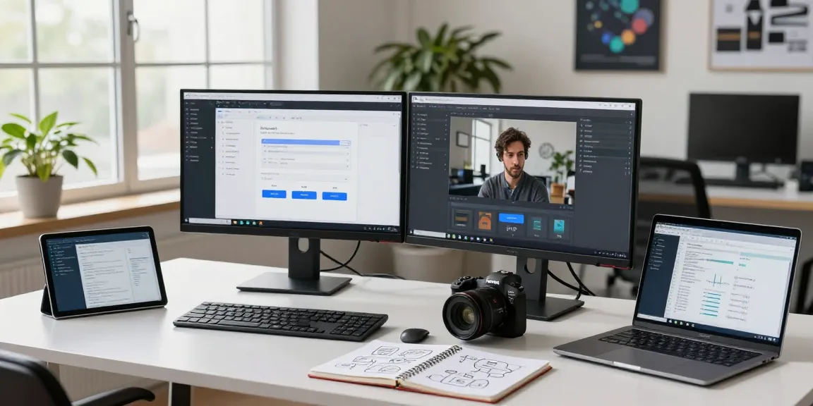 Professional using a free ai image detector tool on dual monitors in a modern tech workspace