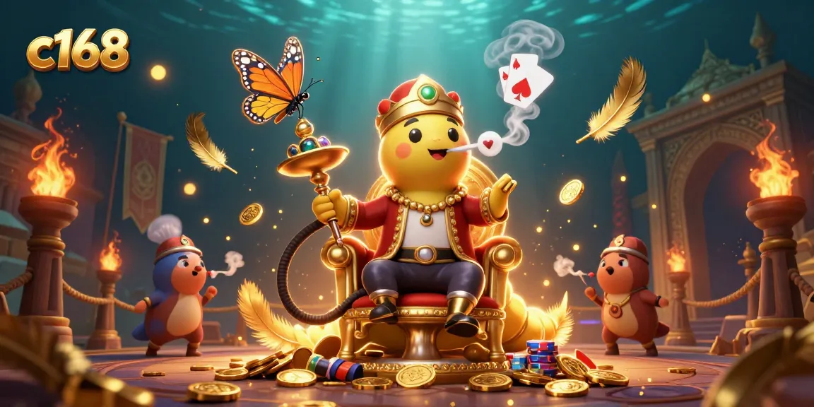 Experience premium gaming at c168 with a captivating 3D illustration showcasing poker symbols and vibrant casino elements.