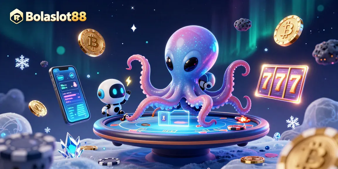 Bolaslot88 showcases an alien octopus at a vibrant poker table amidst stunning crypto elements.