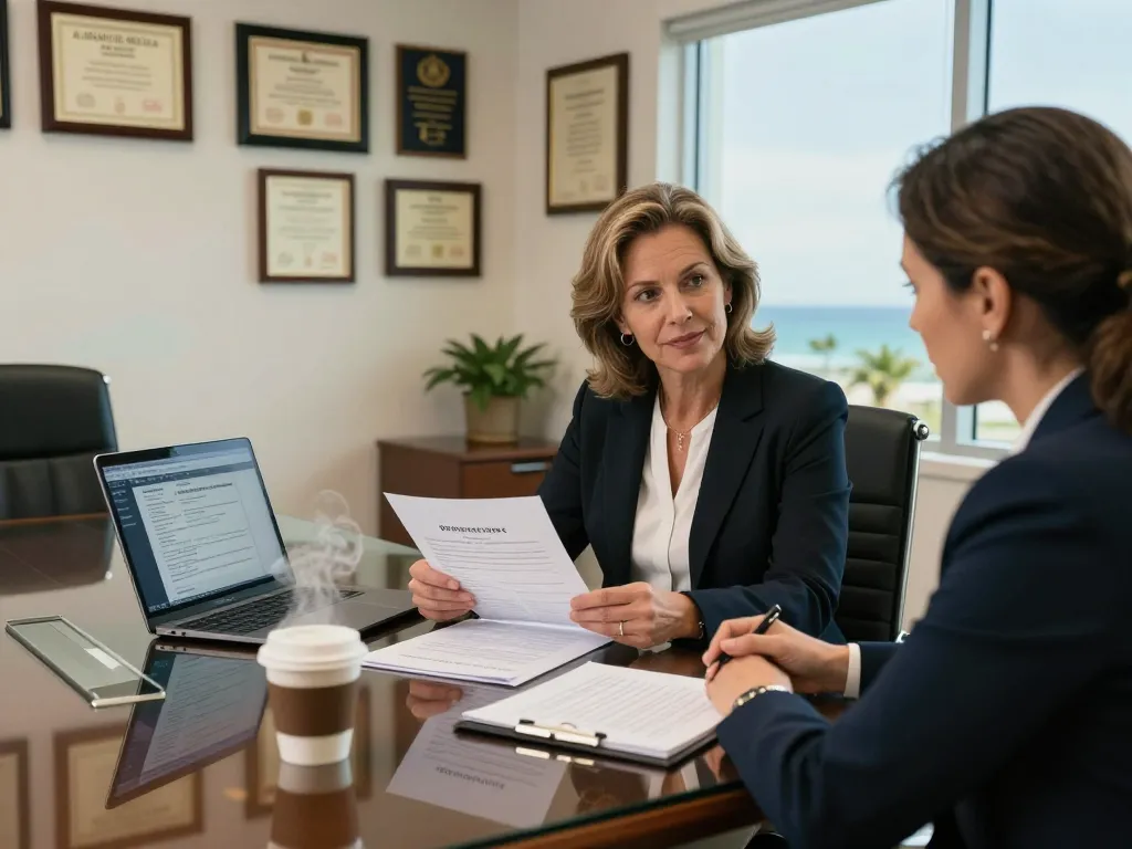 Palm Harbor Divorce Lawyer consulting with a client in a modern office, showcasing personalized legal support and trust.