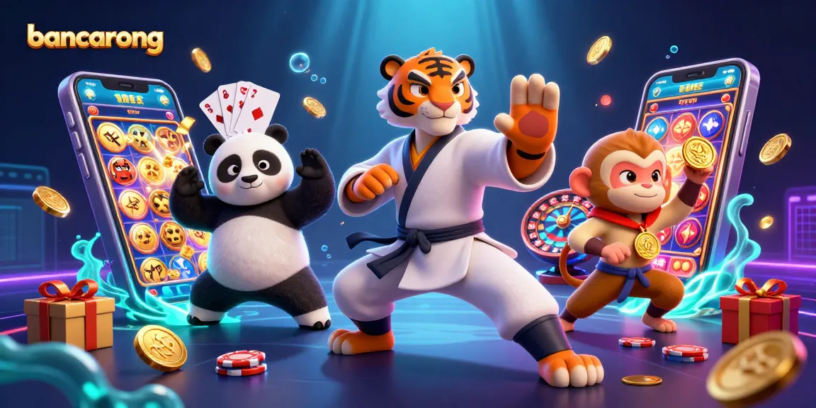 Bancarong interactive scene of a kung fu tiger, panda disciple, and monkey stealing gold in a vibrant casino