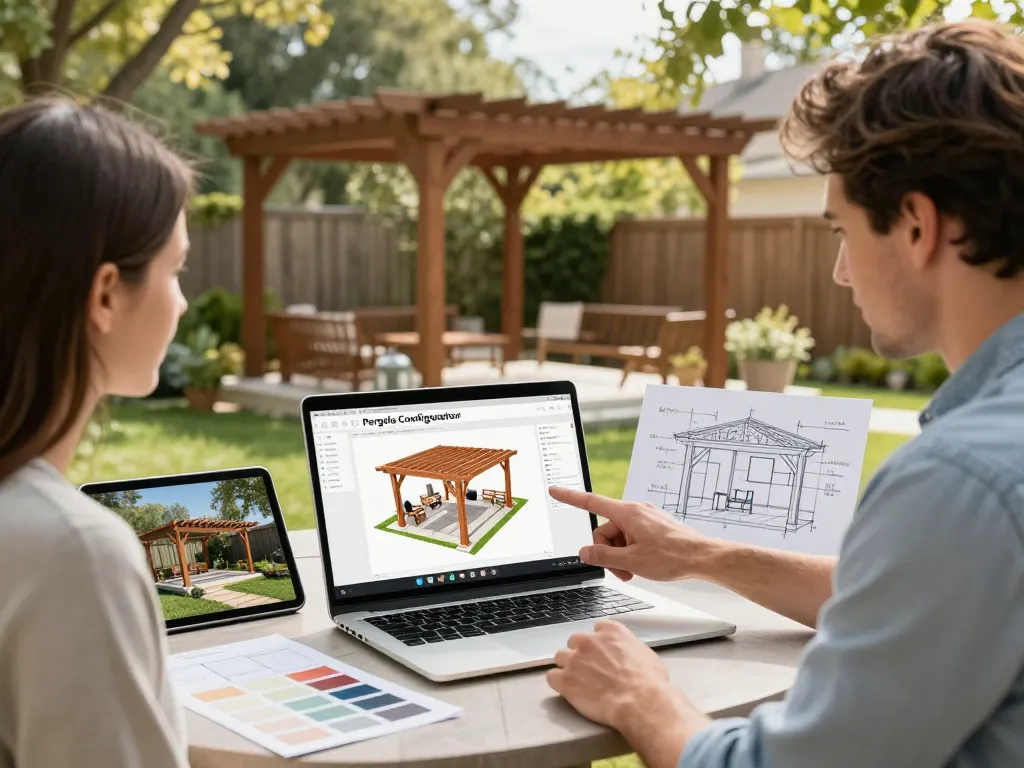 Pergola Configurator Software displayed on a laptop during a backyard consultation, showcasing a 3D model of a custom pergola design.