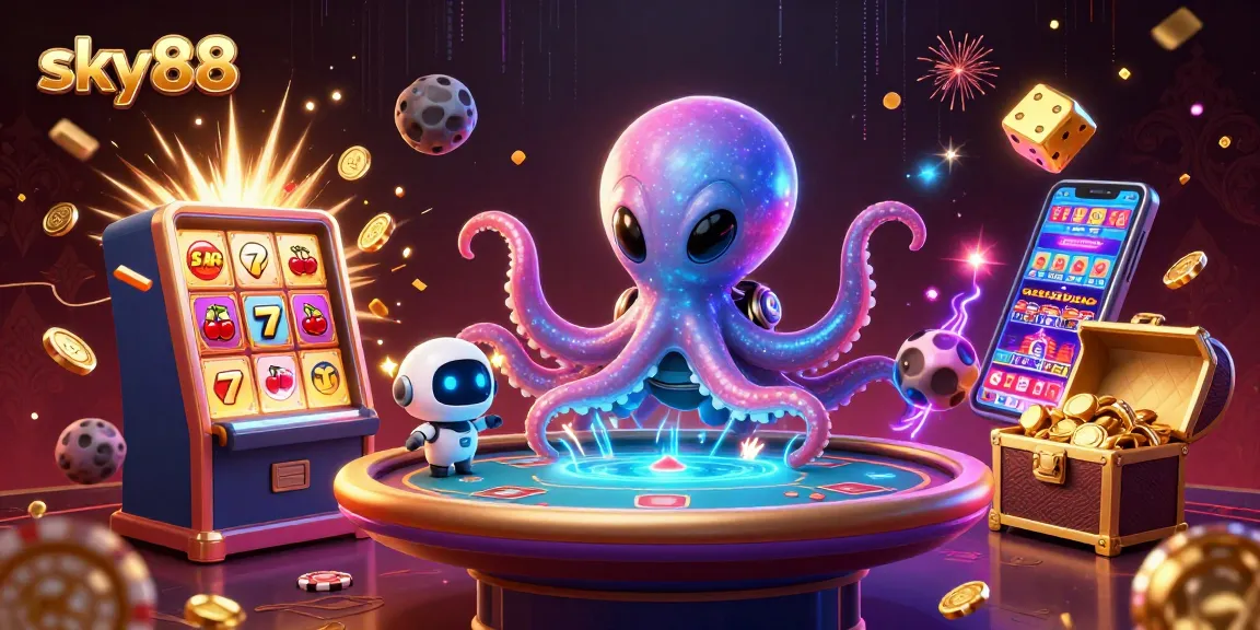 Engage in thrilling casino action with sky88, featuring a vibrant alien octopus and dynamic poker elements.