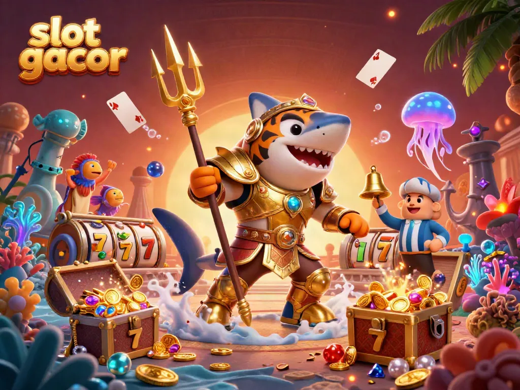 Experience the thrill of playing slot gacor alongside a tiger shark in an underwater colosseum, surrounded by treasures.