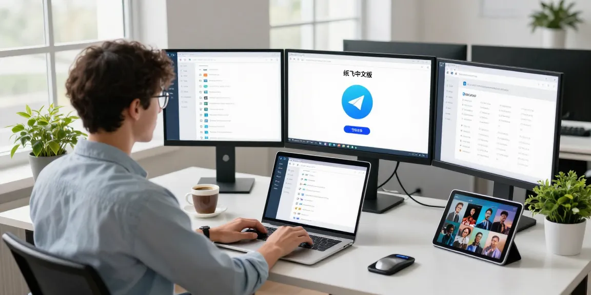 Young professional engaging with 纸飞机中文版 in a modern digital workspace, showcasing innovative communication tools.