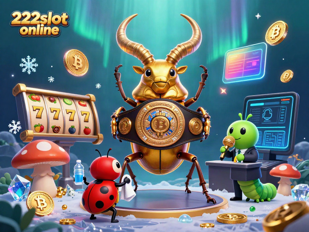 Memutar gulungan slot dan simbol keberuntungan di 222slot online dengan karakter unik dalam format 3D.