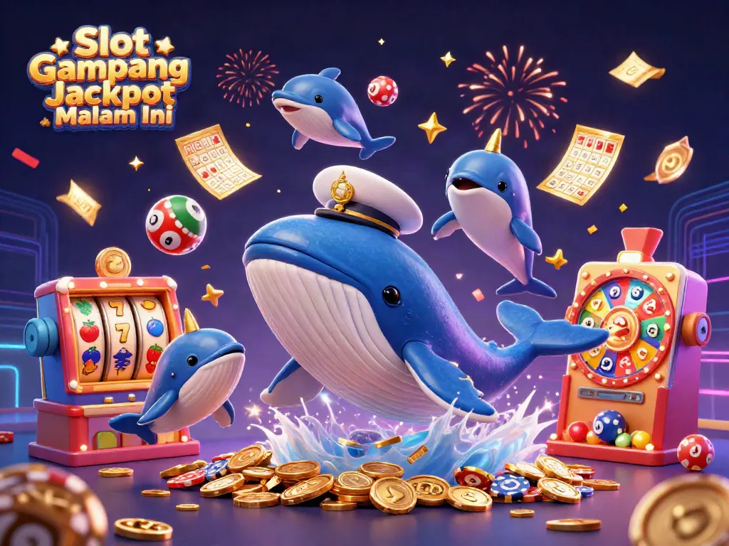 Slot Gampang Jackpot Malam Ini menampilkan paus dan ikan narwhal, dikelilingi simbol-simbol jackpot yang bersinar.