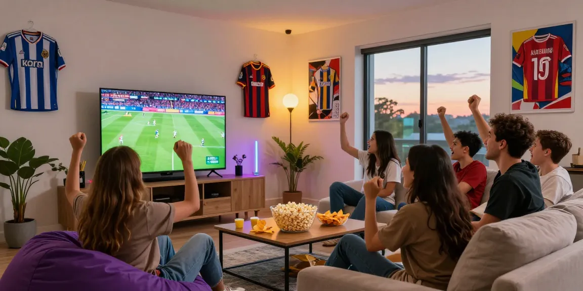 Friends enjoying kora live match in a vibrant living room with snacks and team jerseys.