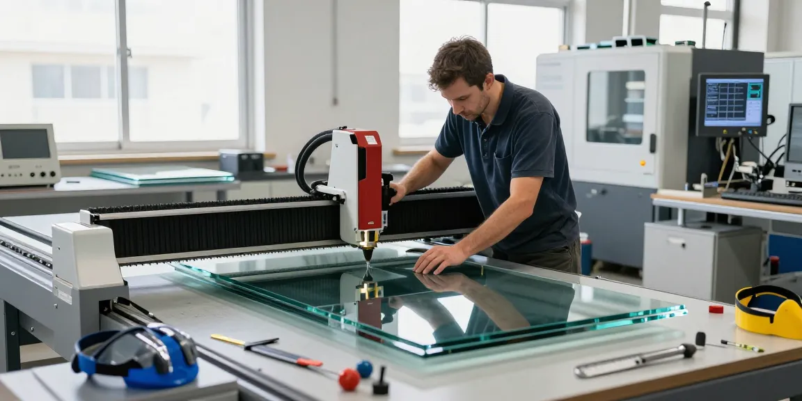 Technician using advanced glass cutting table in a professional workshop