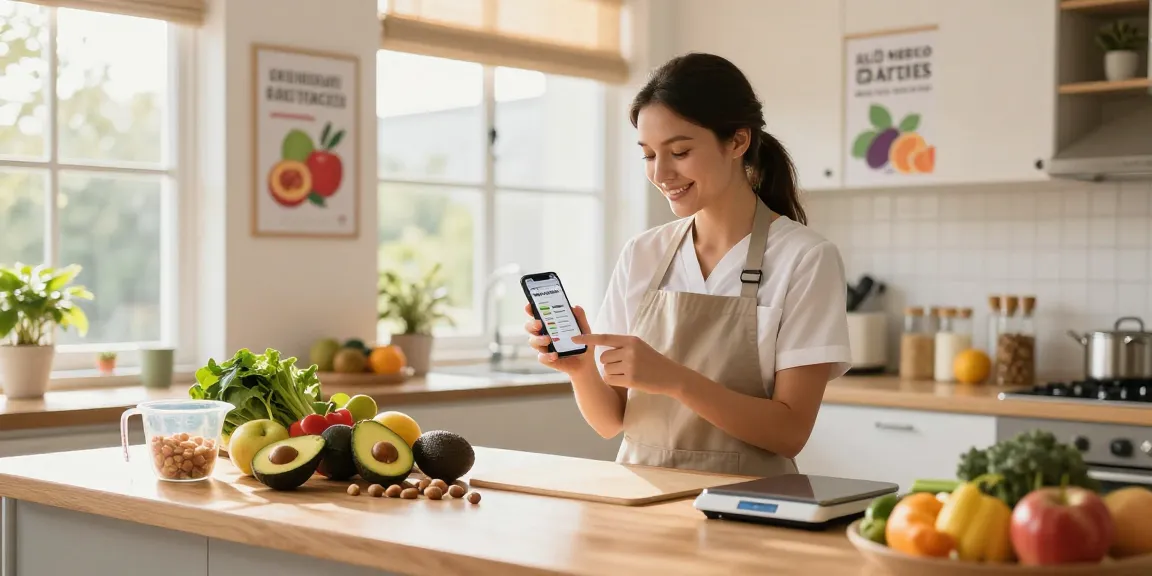 Nutritionist examining best macro tracker app among fresh ingredients in a bright kitchen.