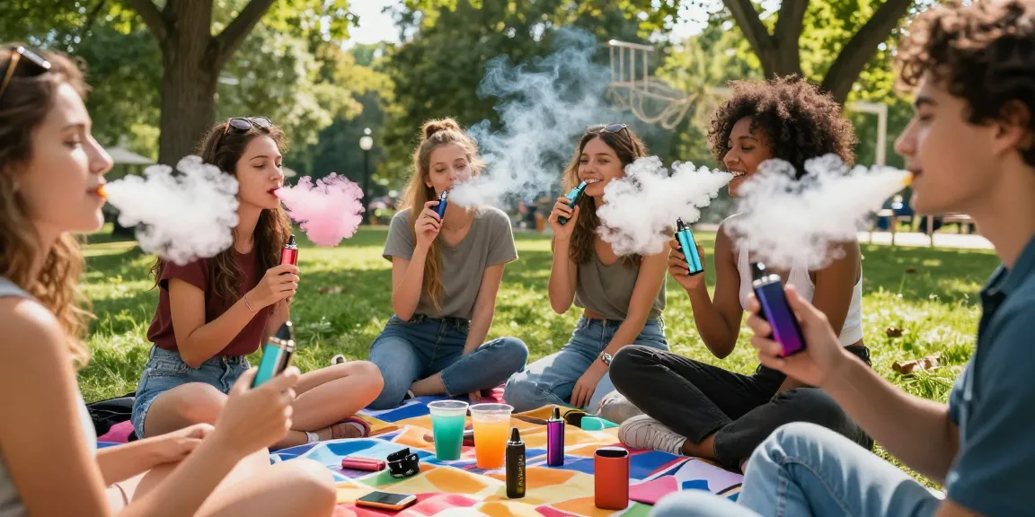 Friends enjoying 蒸氣天堂 vaping devices in a sunny park, colorful vape clouds and lively atmosphere.