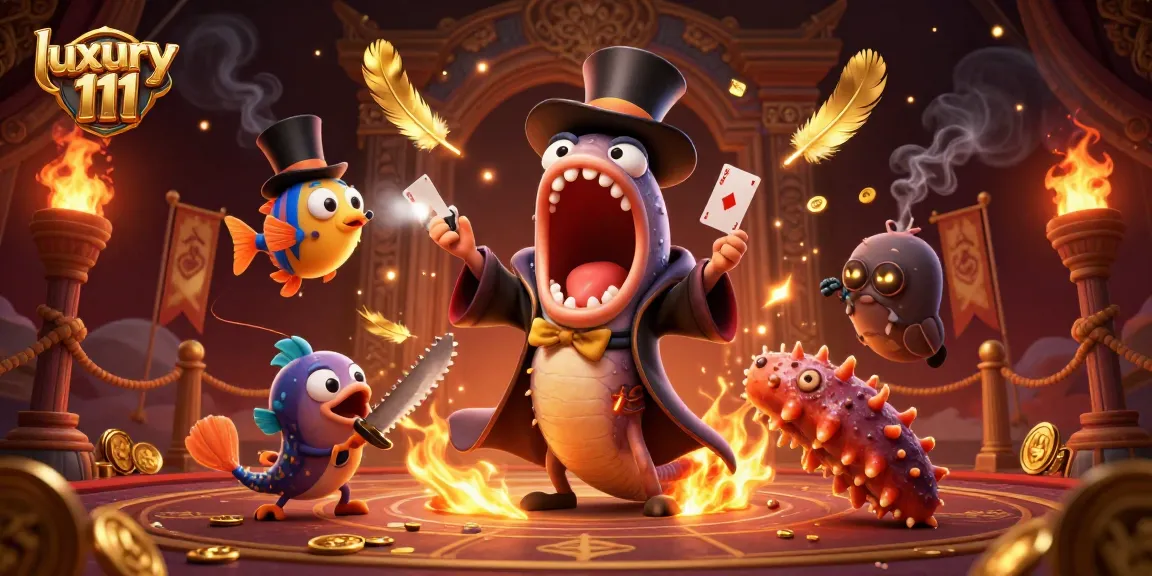 Experience luxury 111 through bioluminescent eels performing casino magic in a vibrant 3D scene.