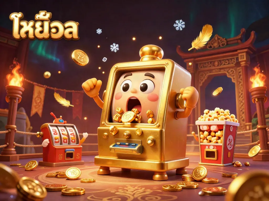 Experience thrilling wins with ไทย สล็อต as a joyful golden slot machine hits its jackpot in an energetic casino scene.