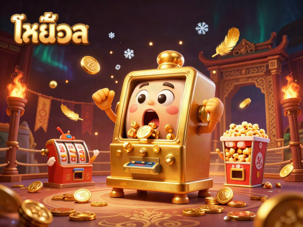 Experience thrilling wins with ไทย สล็อต as a joyful golden slot machine hits its jackpot in an energetic casino scene.