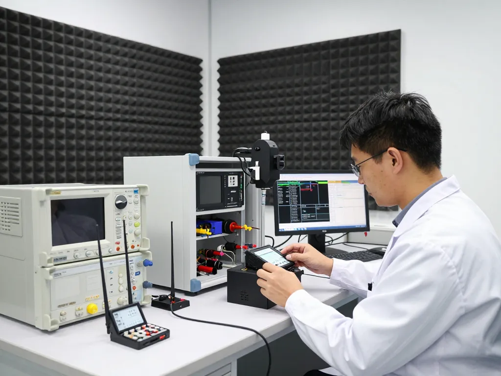 Engineer conducting ICES RF testing in a high-tech EMC laboratory.