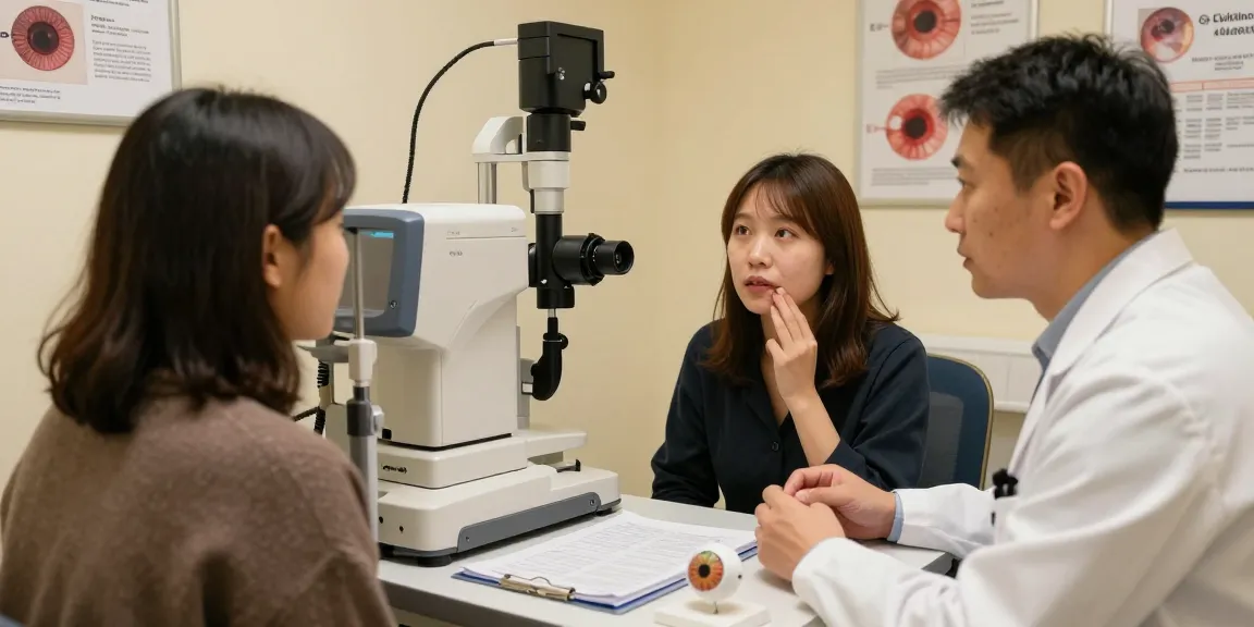 Doctor discussing glaucoma symptoms with a patient in a warm clinic.
