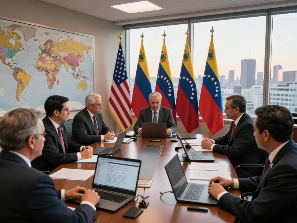 Diplomats discussing tensions from sanctions to strikes in a conference room setting.
