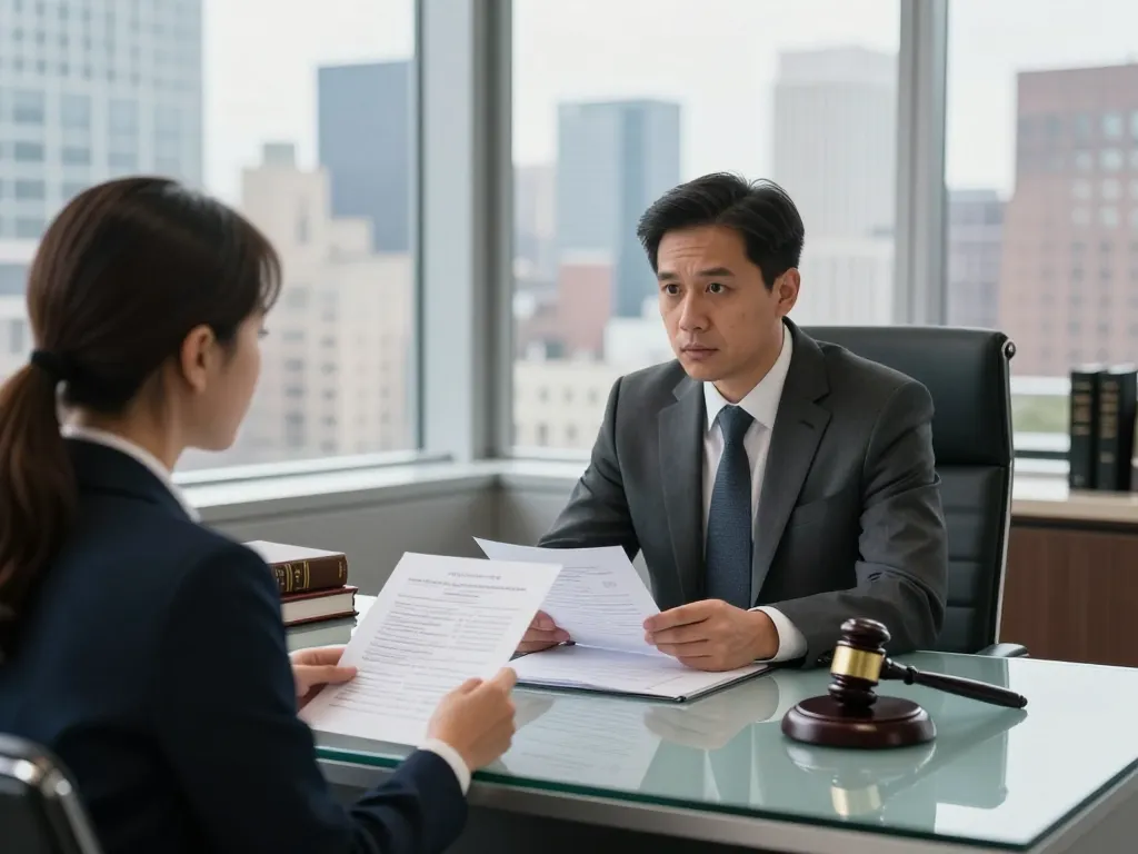New York City Personal Injury Lawyer consulting with a client in a modern office.