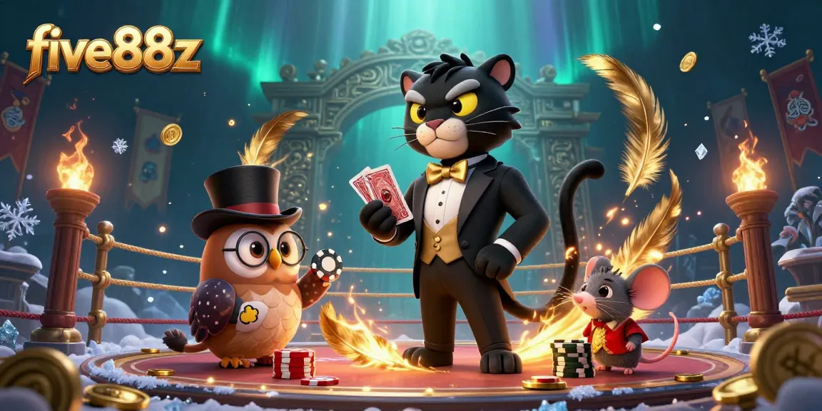 five88z showcases a lively 3D casino scene with a tuxedo panther dealing cards and animated characters.