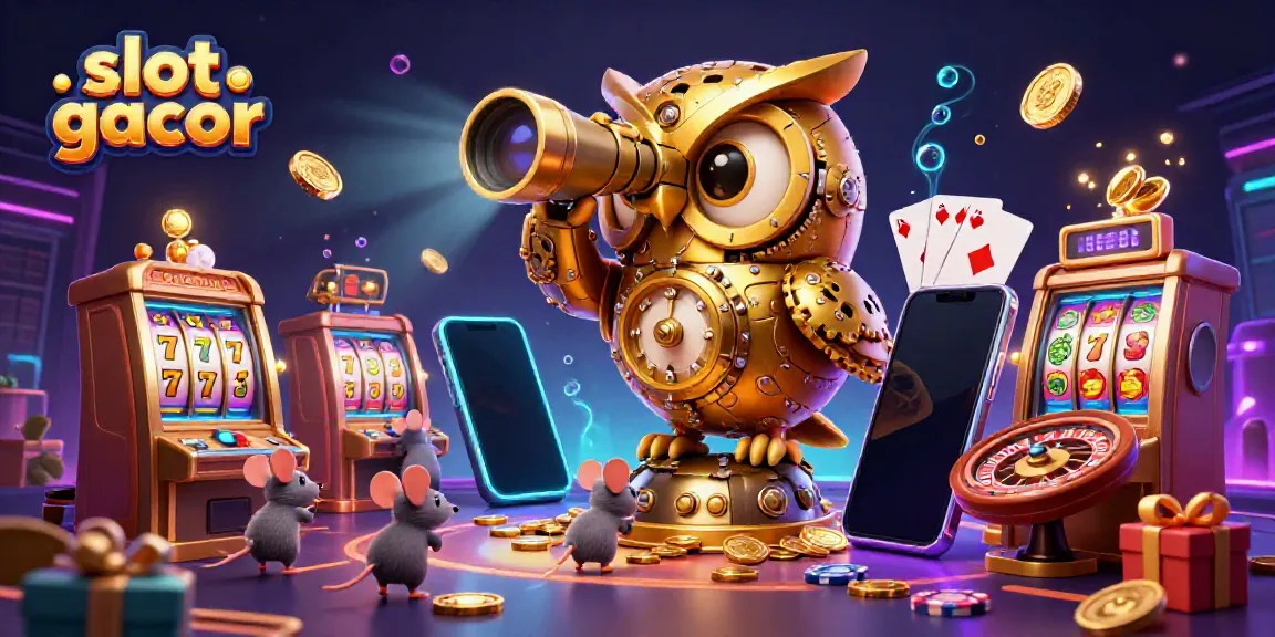 Experience thrilling slot gacor action with a vivid 3D illustration of an owl and playful mice in a dynamic casino scene.