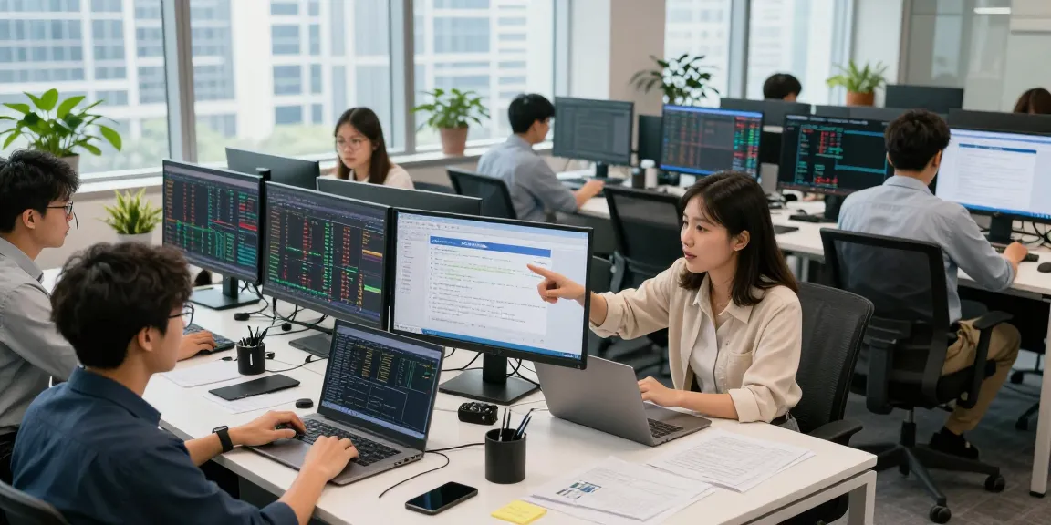在现代金融科技办公环境中，团队成员协作开发STI海峡指数接口，展示实时市场数据的屏幕。