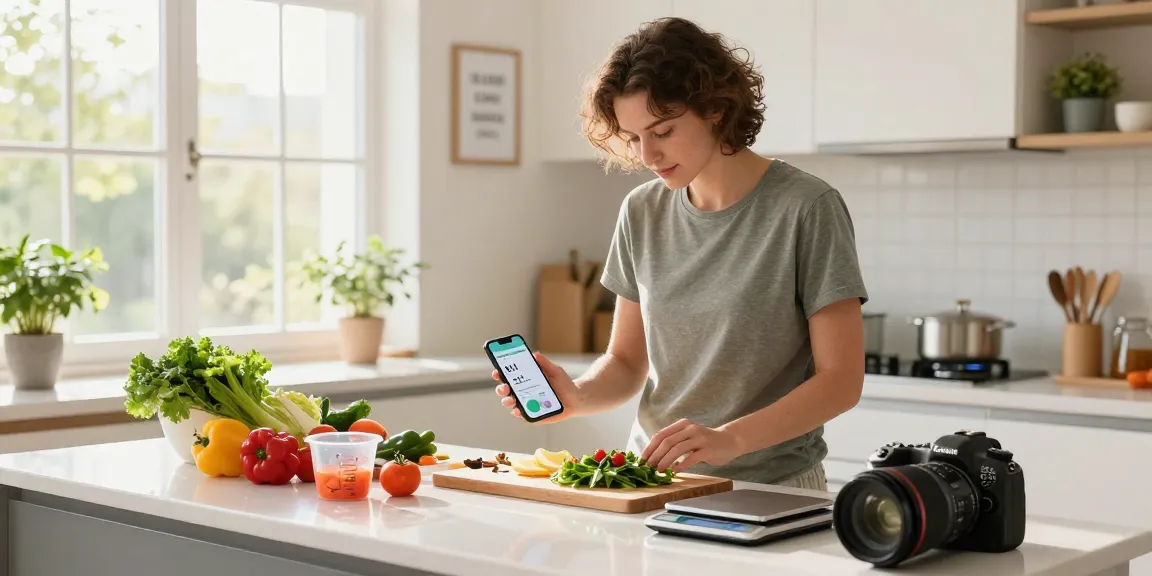Chef using the best calorie tracker app while preparing healthy meals.