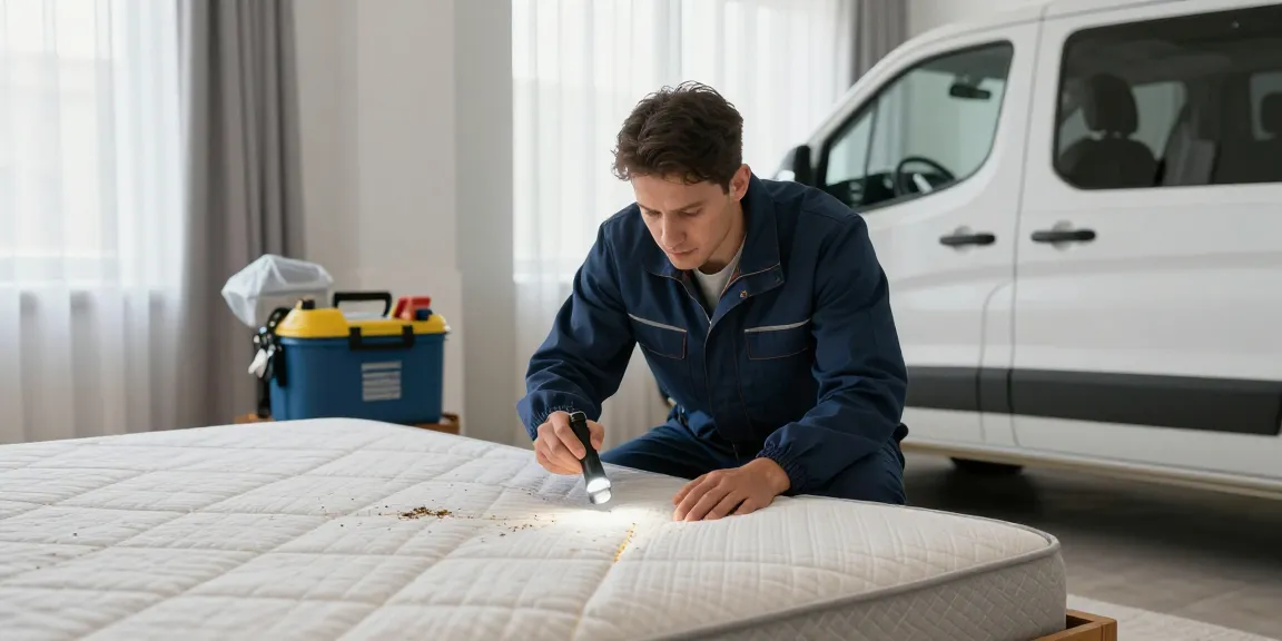 Expert bed bug exterminators conducting thorough inspections in a clean bedroom environment.