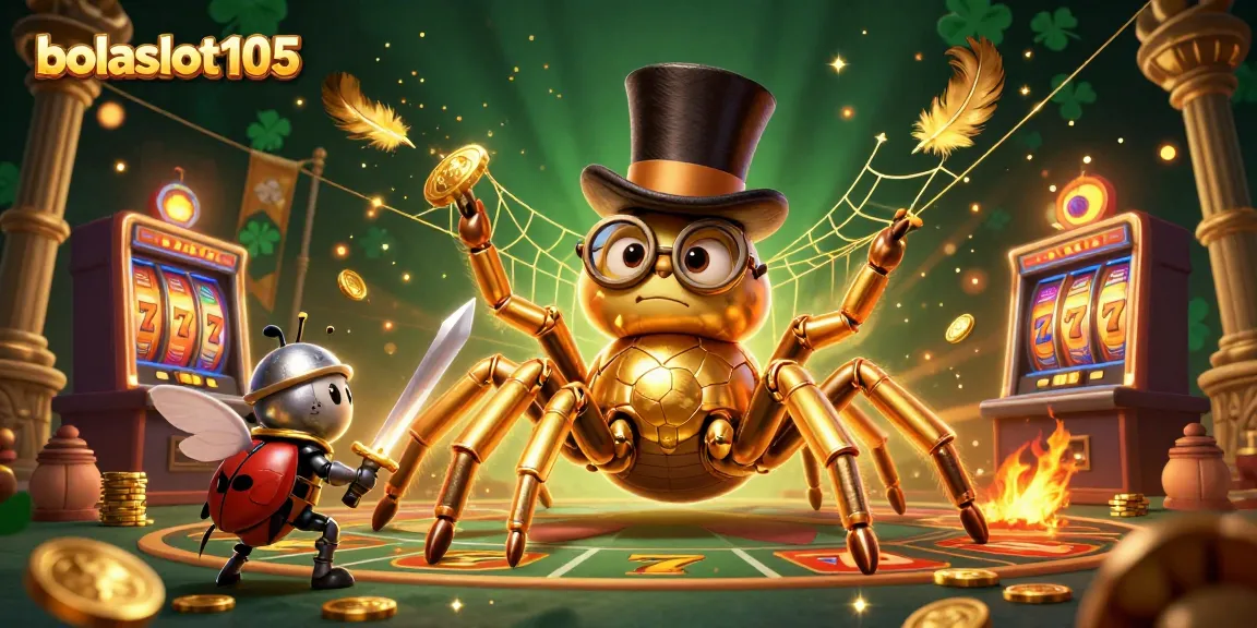 Bolaslot105 showcases a dynamic casino scene with a golden tarantula and knight battling amidst slot elements.