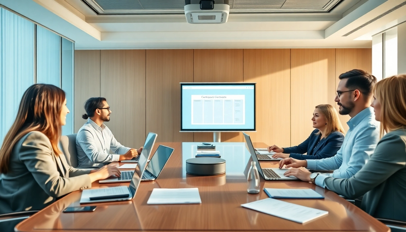 Team collaborating on contracts and grants management in a modern boardroom.